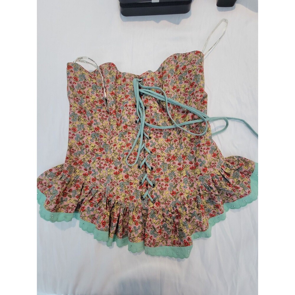 Vtg Betsey Johnson Ditsy Floral Corset Top Lace Up Peplum Y2K Coquette Size 10
